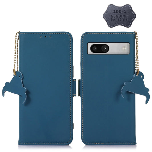 For Google Pixel 7a Genuine Leather Magnetic RFID Leather Phone Case(Blue) - Google Cases by PMC Jewellery | Online Shopping South Africa | PMC Jewellery | Buy Now Pay Later Mobicred