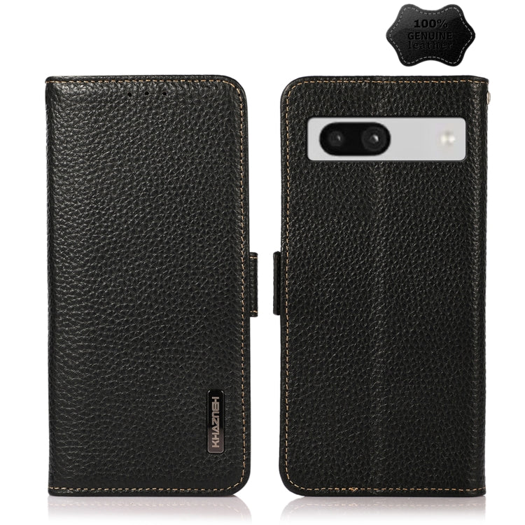 For Google Pixel 7A KHAZNEH Side-Magnetic Litchi Genuine Leather RFID Phone Case(Black) - Google Cases by PMC TechLife | Online Shopping South Africa | PMC TechLife | Buy Now Pay Later Mobicred