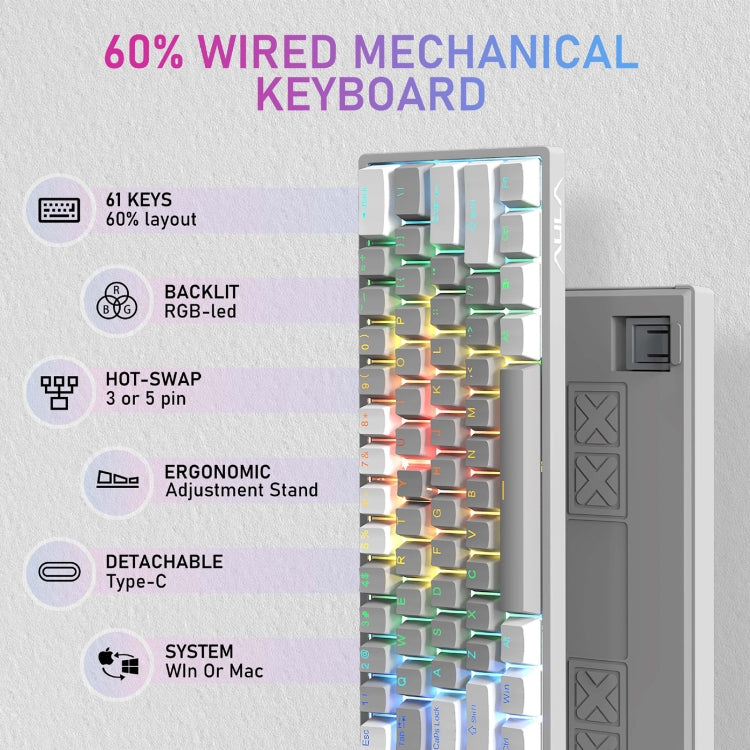 AULA F3261 Type-C Wired Hot Swappable 61 Keys RGB Mechanical Keyboard(White Grey Green Shaft) - Wired Keyboard by AULA | Online Shopping South Africa | PMC Jewellery | Buy Now Pay Later Mobicred