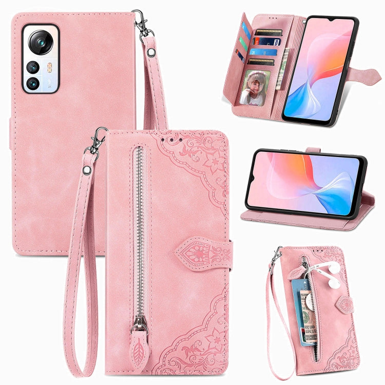 For Blackview A85 Embossed Flower Zipper Leather Phone Case(Pink) - More Brand by PMC Jewellery | Online Shopping South Africa | PMC Jewellery