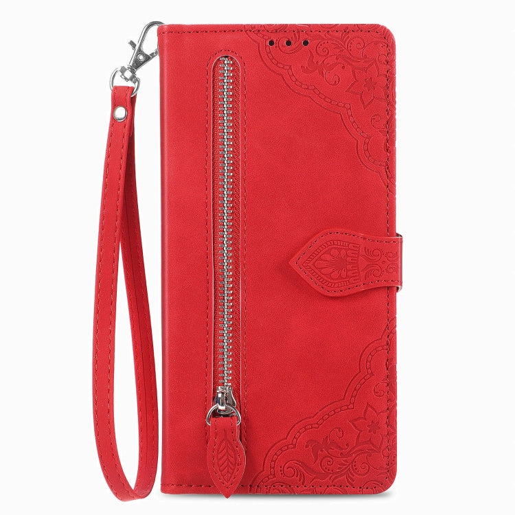 For Blackview A85 Embossed Flower Zipper Leather Phone Case(Red) - More Brand by PMC Jewellery | Online Shopping South Africa | PMC Jewellery | Buy Now Pay Later Mobicred