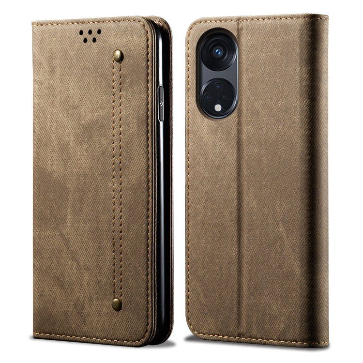 For OPPO A98 5G Denim Texture Casual Style Horizontal Flip Leather Case(Khaki) - OPPO Cases by PMC TechLife | Online Shopping South Africa | PMC TechLife
