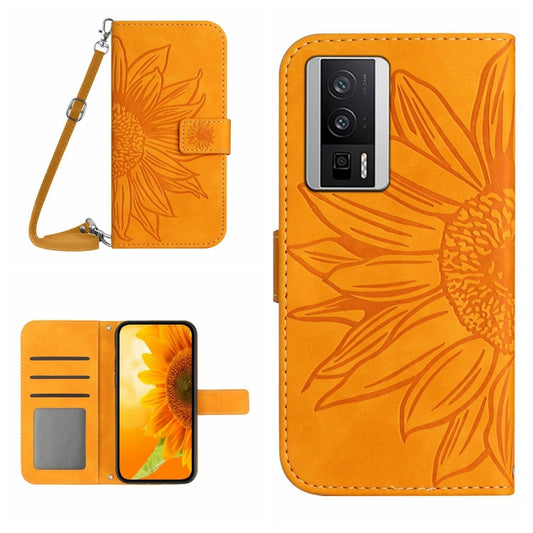 For Xiaomi Poco F5 Pro Skin Feel Sun Flower Embossed Flip Leather Phone Case with Lanyard(Yellow) - Xiaomi Cases by PMC Jewellery | Online Shopping South Africa | PMC Jewellery | Buy Now Pay Later Mobicred