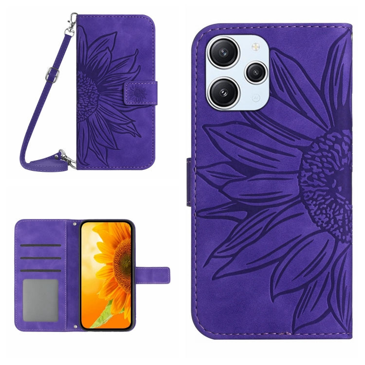 For Xiaomi Redmi 12 4G Global Skin Feel Sun Flower Embossed Flip Leather Phone Case with Lanyard(Dark Purple) - Xiaomi Cases by PMC Jewellery | Online Shopping South Africa | PMC Jewellery | Buy Now Pay Later Mobicred