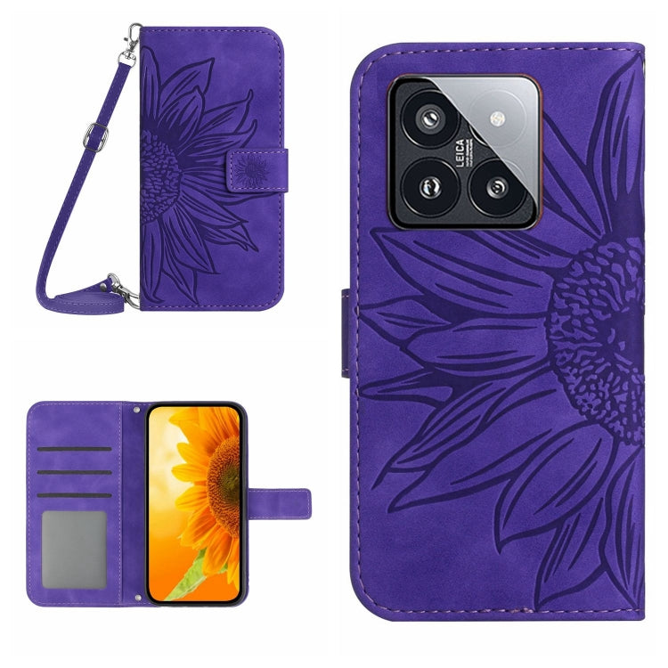 For Xiaomi 14 Skin Feel Sun Flower Embossed Flip Leather Phone Case with Lanyard(Dark Purple) - 14 Cases by PMC Jewellery | Online Shopping South Africa | PMC Jewellery | Buy Now Pay Later Mobicred