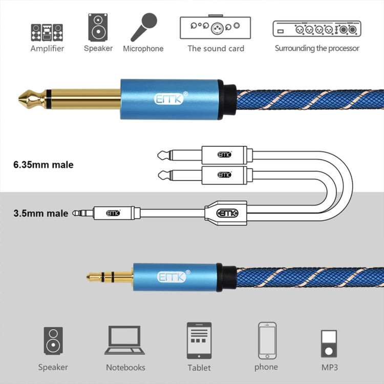 EMK 3.5mm Jack Male to 2 x 6.35mm Jack Male Gold Plated Connector Nylon Braid AUX Cable for Computer / X-BOX / PS3 / CD / DVD, Cable Length:2m(Dark Blue) - Audio Optical Cables by PMC Jewellery | Online Shopping South Africa | PMC Jewellery | Buy Now Pay Later Mobicred