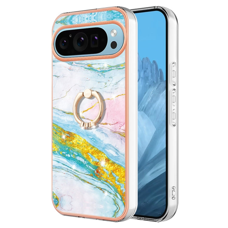 For Google Pixel 9 Pro XL Electroplating Marble IMD TPU Phone Case with Ring Holder(Green 004) - Google Cases by PMC Jewellery | Online Shopping South Africa | PMC Jewellery | Buy Now Pay Later Mobicred