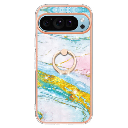 For Google Pixel 9 Pro XL Electroplating Marble IMD TPU Phone Case with Ring Holder(Green 004) - Google Cases by PMC Jewellery | Online Shopping South Africa | PMC Jewellery | Buy Now Pay Later Mobicred