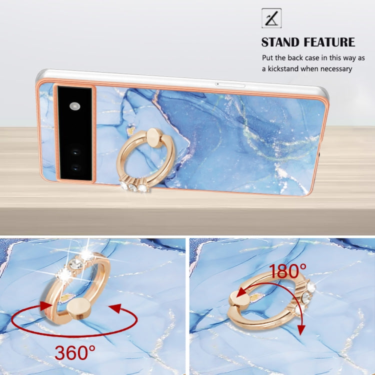 For Google Pixel 6a Electroplating Marble Dual-side IMD Phone Case with Ring(Blue 018) - Google Cases by PMC Jewellery | Online Shopping South Africa | PMC Jewellery | Buy Now Pay Later Mobicred