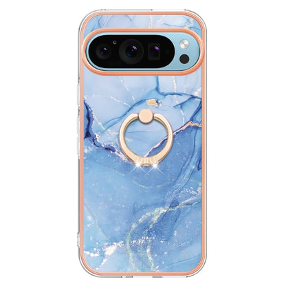 For Google Pixel 9 / 9 Pro Electroplating Marble Dual-side IMD Phone Case with Ring(Blue 018) - Google Cases by PMC Jewellery | Online Shopping South Africa | PMC Jewellery | Buy Now Pay Later Mobicred