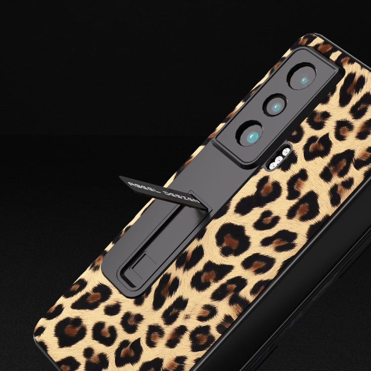 For Honor Magic Vs ABEEL Integrated Black Edge Leopard Phone Case with Holder(Champagne Gold) - Honor Cases by PMC TechLife | Online Shopping South Africa | PMC TechLife | Buy Now Pay Later Mobicred