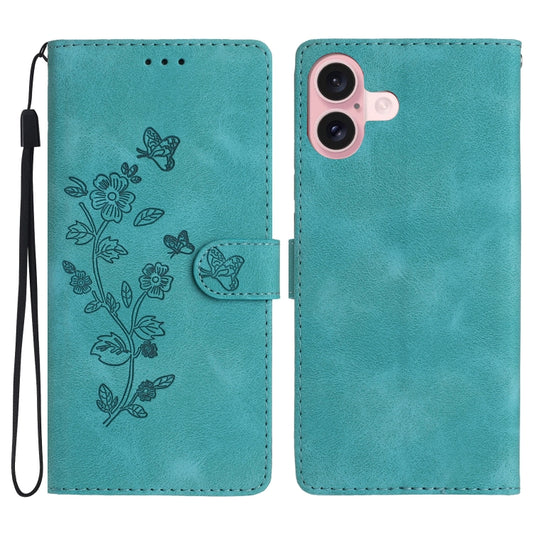 For iPhone 16 Flower Butterfly Embossing Pattern Leather Phone Case(Sky Blue) - iPhone 16 Cases by PMC Jewellery | Online Shopping South Africa | PMC Jewellery | Buy Now Pay Later Mobicred