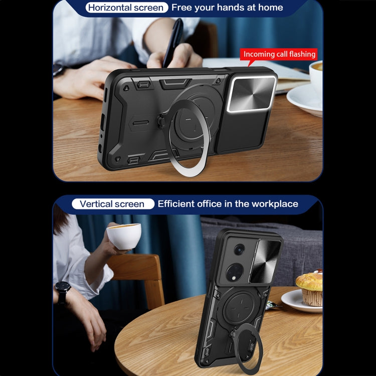 For OPPO Reno8 T 5G CD Texture Sliding Camshield Magnetic Holder Phone Case(Blue) - OPPO Cases by PMC TechLife | Online Shopping South Africa | PMC TechLife | Buy Now Pay Later Mobicred