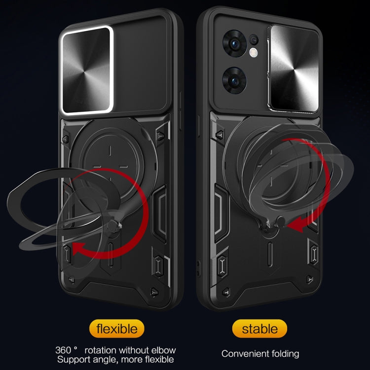 For OPPO Reno7 5G CD Texture Sliding Camshield Magnetic Holder Phone Case(Silver) - OPPO Cases by PMC TechLife | Online Shopping South Africa | PMC TechLife | Buy Now Pay Later Mobicred