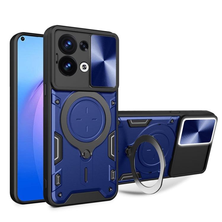 For OPPO Reno8 5G CD Texture Sliding Camshield Magnetic Holder Phone Case(Blue) - OPPO Cases by PMC TechLife | Online Shopping South Africa | PMC TechLife | Buy Now Pay Later Mobicred