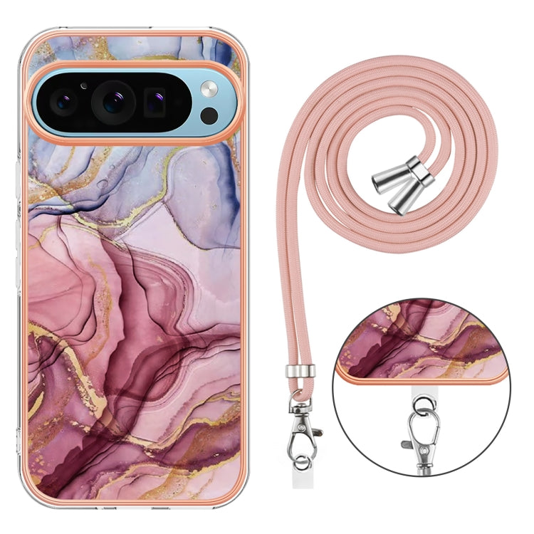 For Google Pixel 9 / 9 Pro Electroplating Marble Dual-side IMD Phone Case with Lanyard(Rose Red 014) - Google Cases by PMC Jewellery | Online Shopping South Africa | PMC Jewellery | Buy Now Pay Later Mobicred