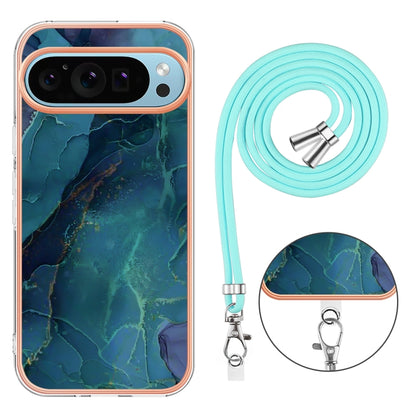 For Google Pixel 9 / 9 Pro Electroplating Marble Dual-side IMD Phone Case with Lanyard(Green 017) - Google Cases by PMC Jewellery | Online Shopping South Africa | PMC Jewellery | Buy Now Pay Later Mobicred