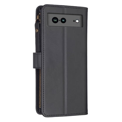 For Google Pixel 7a 9 Card Slots Zipper Wallet Leather Flip Phone Case(Black) - Google Cases by PMC Jewellery | Online Shopping South Africa | PMC Jewellery | Buy Now Pay Later Mobicred