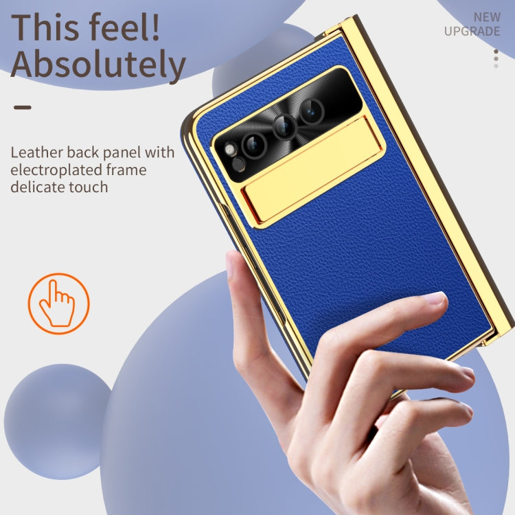 For Google Pixel Fold Litchi Pattern Electroplating Pen Slot Folding Phone Case with Stylus(Royal Blue) - Google Cases by PMC TechLife | Online Shopping South Africa | PMC TechLife | Buy Now Pay Later Mobicred