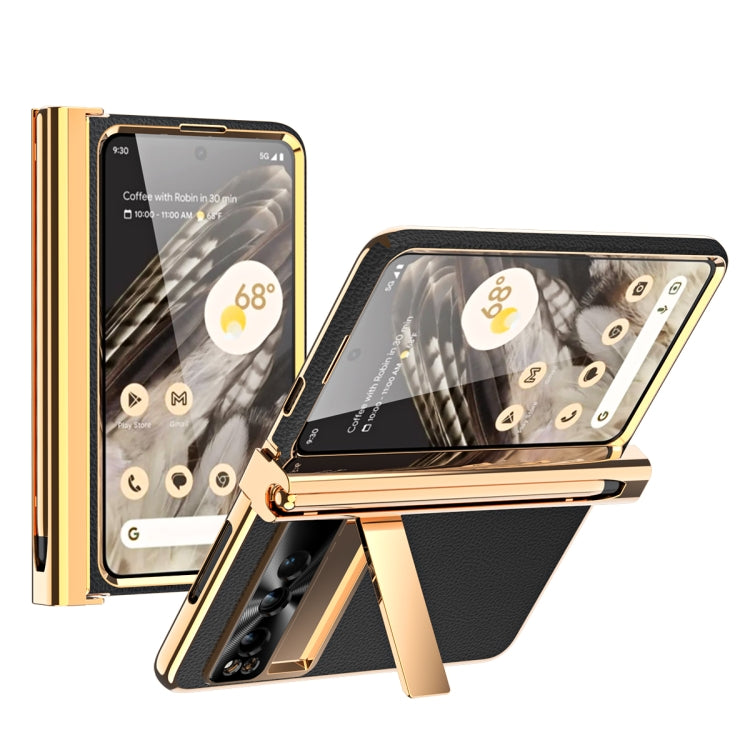 For Google Pixel Fold Litchi Pattern Electroplating Pen Slot Double Hinge Folding Phone Case with Stylus(Black) - Google Cases by PMC TechLife | Online Shopping South Africa | PMC TechLife | Buy Now Pay Later Mobicred