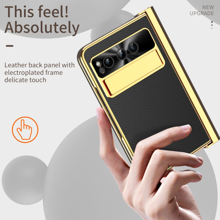For Google Pixel Fold Litchi Pattern Electroplating Pen Slot Double Hinge Folding Phone Case with Stylus(Black) - Google Cases by PMC TechLife | Online Shopping South Africa | PMC TechLife | Buy Now Pay Later Mobicred