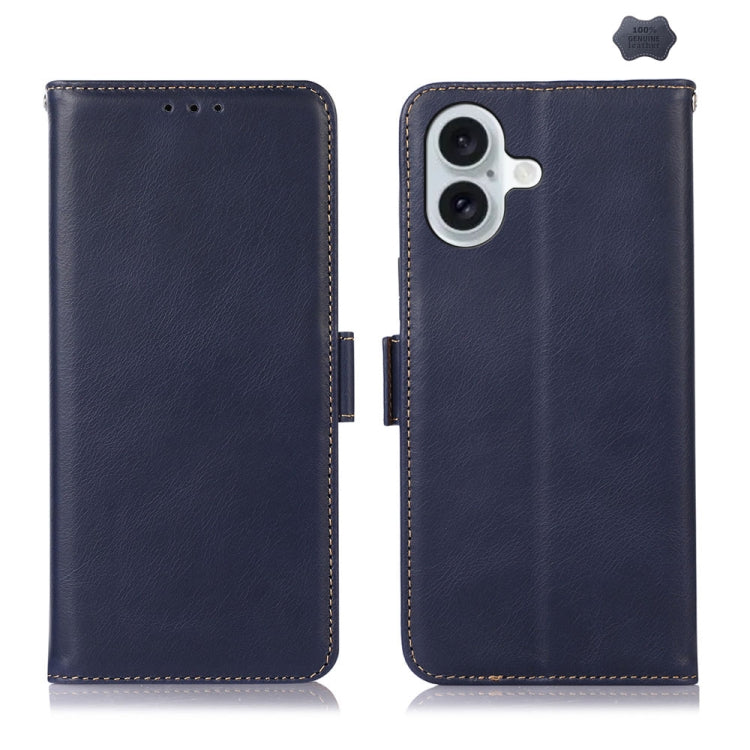 For iPhone 16 Plus Crazy Horse Top Layer Cowhide Leather Phone Case(Blue) - iPhone 16 Plus Cases by PMC Jewellery | Online Shopping South Africa | PMC Jewellery | Buy Now Pay Later Mobicred