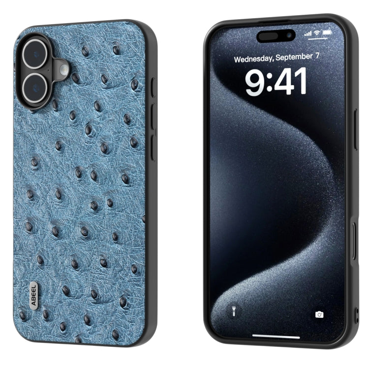 For iPhone 16 ABEEL Genuine Leather Ostrich Texture Phone Case(Blue) - iPhone 16 Cases by PMC Jewellery | Online Shopping South Africa | PMC Jewellery | Buy Now Pay Later Mobicred