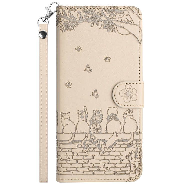 For iPhone 16 Pro Cat Embossing Pattern Leather Phone Case with Lanyard(Beige) - iPhone 16 Pro Cases by PMC TechLife | Online Shopping South Africa | PMC TechLife | Buy Now Pay Later Mobicred