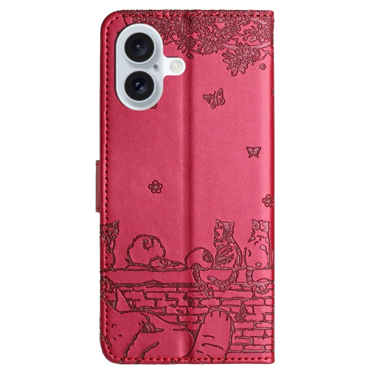 For iPhone 16 Cat Embossing Pattern Leather Phone Case with Lanyard(Red) - iPhone 16 Cases by PMC Jewellery | Online Shopping South Africa | PMC Jewellery | Buy Now Pay Later Mobicred