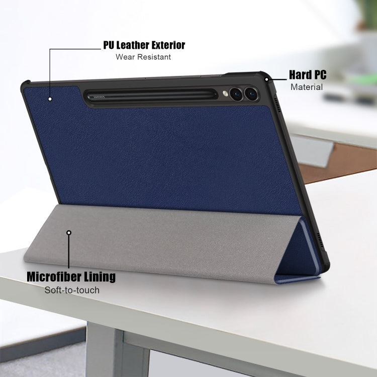 For Samsung Galaxy Tab S9+ Custer Pure Color 3-Fold Holder Smart Leather Tablet Case(Dark Blue) - Galaxy Tab S9+ Cases by PMC Jewellery | Online Shopping South Africa | PMC Jewellery | Buy Now Pay Later Mobicred