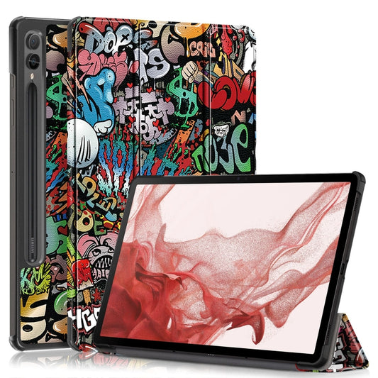 For Samsung Galaxy Tab S9+ Custer Painted 3-Fold Holder Smart Leather Tablet Case(Graffiti) - Galaxy Tab S9+ Cases by PMC Jewellery | Online Shopping South Africa | PMC Jewellery | Buy Now Pay Later Mobicred