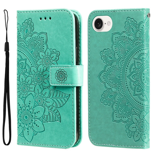 For iPhone 16e Seven-petal Flowers Embossing Leather Phone Case(Green) - iPhone 16e Cases by PMC Jewellery | Online Shopping South Africa | PMC Jewellery | Buy Now Pay Later Mobicred