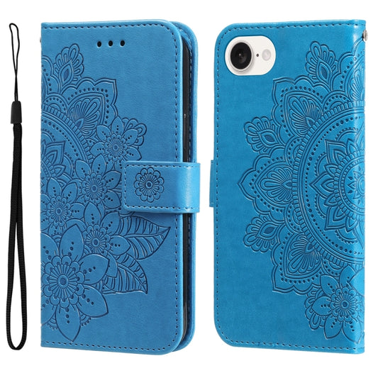 For iPhone 16e Seven-petal Flowers Embossing Leather Phone Case(Blue) - iPhone 16e Cases by PMC Jewellery | Online Shopping South Africa | PMC Jewellery | Buy Now Pay Later Mobicred