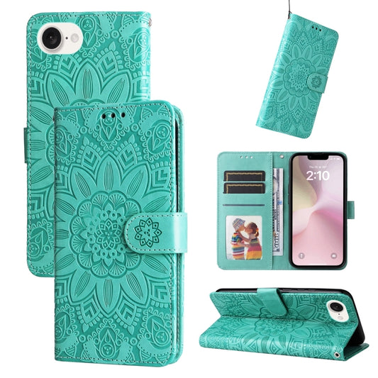 For iPhone 16e Embossed Sunflower Leather Phone Case(Green) - iPhone 16e Cases by PMC Jewellery | Online Shopping South Africa | PMC Jewellery | Buy Now Pay Later Mobicred