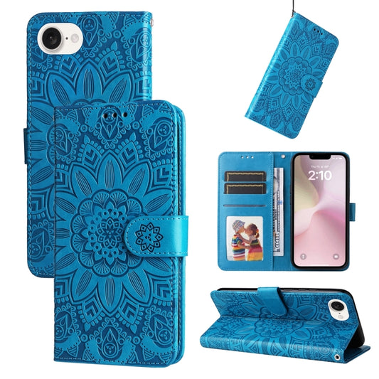 For iPhone 16e Embossed Sunflower Leather Phone Case(Blue) - iPhone 16e Cases by PMC Jewellery | Online Shopping South Africa | PMC Jewellery | Buy Now Pay Later Mobicred