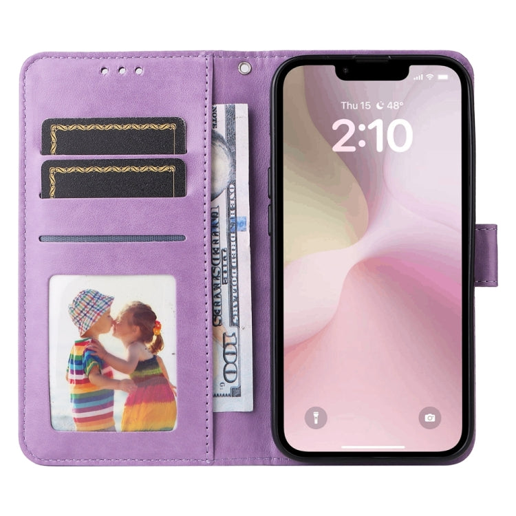 For iPhone 16e Embossed Sunflower Leather Phone Case(Purple) - iPhone 16e Cases by PMC TechLife | Online Shopping South Africa | PMC TechLife | Buy Now Pay Later Mobicred