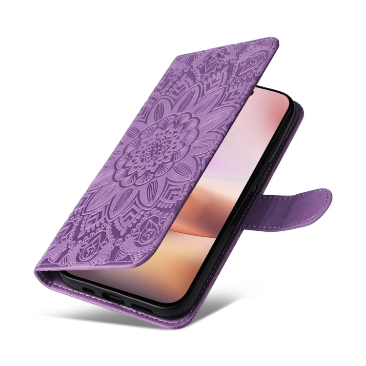 For iPhone 16 Plus Embossed Sunflower Leather Phone Case(Purple) - iPhone 16 Plus Cases by PMC Jewellery | Online Shopping South Africa | PMC Jewellery | Buy Now Pay Later Mobicred