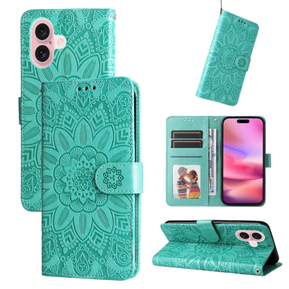 For iPhone 16 Embossed Sunflower Leather Phone Case(Green) - iPhone 16 Cases by PMC Jewellery | Online Shopping South Africa | PMC Jewellery | Buy Now Pay Later Mobicred