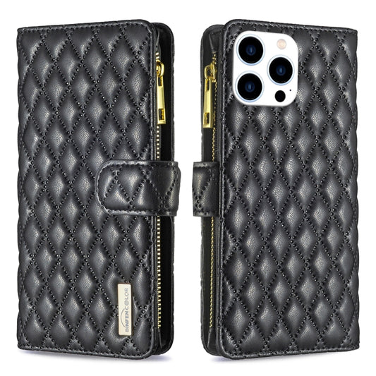 For iPhone 16 Pro Diamond Lattice Zipper Wallet Leather Flip Phone Case(Black) - iPhone 16 Pro Cases by PMC Jewellery | Online Shopping South Africa | PMC Jewellery | Buy Now Pay Later Mobicred