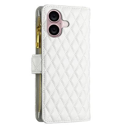 For iPhone 16 Plus Diamond Lattice Zipper Wallet Leather Flip Phone Case(White) - iPhone 16 Plus Cases by PMC Jewellery | Online Shopping South Africa | PMC Jewellery | Buy Now Pay Later Mobicred