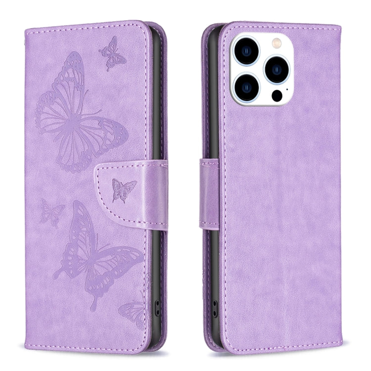 For iPhone 16 Pro Embossing Two Butterflies Pattern Leather Phone Case(Purple) - iPhone 16 Pro Cases by PMC Jewellery | Online Shopping South Africa | PMC Jewellery | Buy Now Pay Later Mobicred