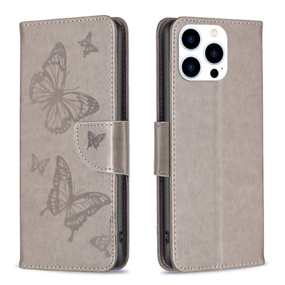 For iPhone 16 Pro Embossing Two Butterflies Pattern Leather Phone Case(Grey) - iPhone 16 Pro Cases by PMC Jewellery | Online Shopping South Africa | PMC Jewellery | Buy Now Pay Later Mobicred