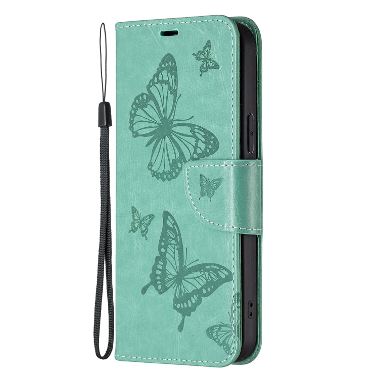 For iPhone 16 Embossing Two Butterflies Pattern Leather Phone Case(Green) - iPhone 16 Cases by PMC TechLife | Online Shopping South Africa | PMC TechLife | Buy Now Pay Later Mobicred