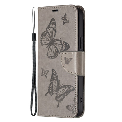 For iPhone 16 Embossing Two Butterflies Pattern Leather Phone Case(Grey) - iPhone 16 Cases by PMC Jewellery | Online Shopping South Africa | PMC Jewellery | Buy Now Pay Later Mobicred