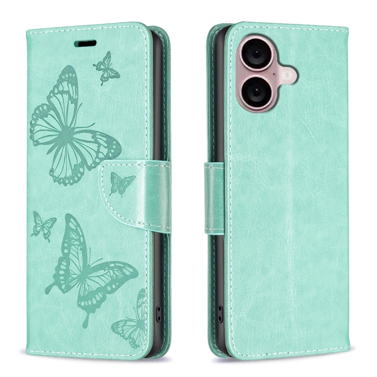 For iPhone 16 Plus Embossing Two Butterflies Pattern Leather Phone Case(Green) - iPhone 16 Plus Cases by PMC Jewellery | Online Shopping South Africa | PMC Jewellery | Buy Now Pay Later Mobicred