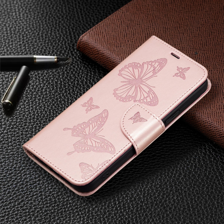 For iPhone 16 Plus Embossing Two Butterflies Pattern Leather Phone Case(Rose Gold) - iPhone 16 Plus Cases by PMC Jewellery | Online Shopping South Africa | PMC Jewellery | Buy Now Pay Later Mobicred