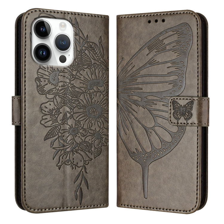 For iPhone 16 Pro Max Embossed Butterfly Leather Phone Case(Grey) - iPhone 16 Pro Max Cases by PMC TechLife | Online Shopping South Africa | PMC TechLife | Buy Now Pay Later Mobicred