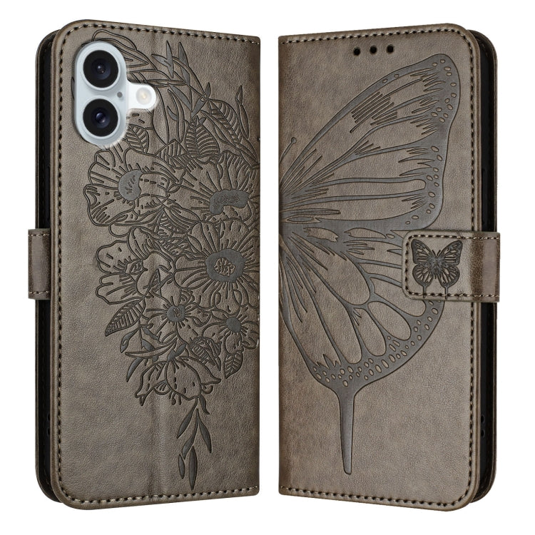 For iPhone 16 Plus Embossed Butterfly Leather Phone Case(Grey) - iPhone 16 Plus Cases by PMC Jewellery | Online Shopping South Africa | PMC Jewellery | Buy Now Pay Later Mobicred