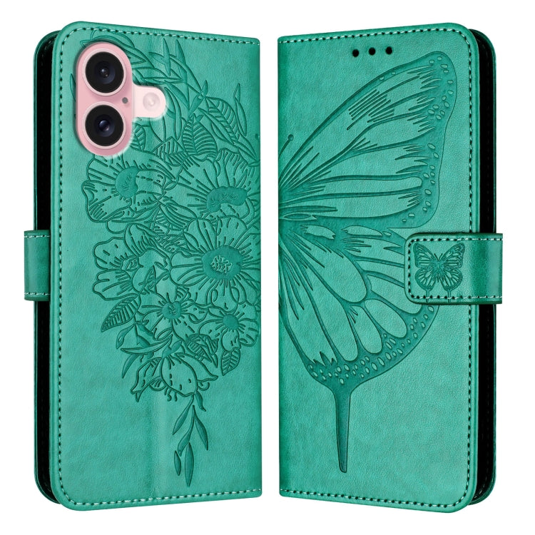 For iPhone 16 Embossed Butterfly Leather Phone Case(Green) - iPhone 16 Cases by PMC Jewellery | Online Shopping South Africa | PMC Jewellery | Buy Now Pay Later Mobicred