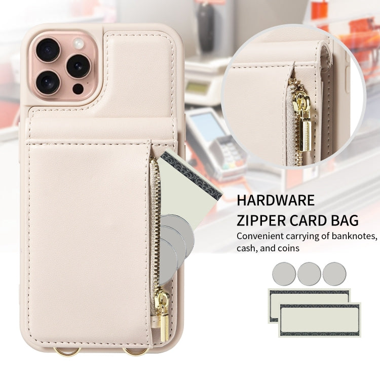 For iPhone 16 Pro Crossbody Lanyard Zipper Wallet Leather Phone Case(Beige) - iPhone 16 Pro Cases by PMC Jewellery | Online Shopping South Africa | PMC Jewellery | Buy Now Pay Later Mobicred